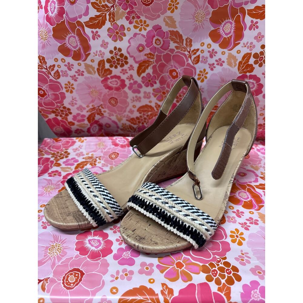 Naturalizer Sz 9.5 Areda Cork Wedge Heel Brown Faux Leather Espadrille Sandals - Picture 2 of 5